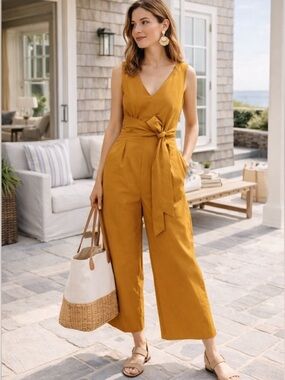 J.Crew Sleeveless V-Neck caramel Tie-Waist Jumpsuit